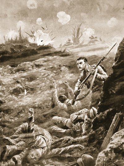 Menig E. Warner holder på egen hånd en skyttegrav, som var blevet evakueret efter et gasangreb af Alfred Pearse