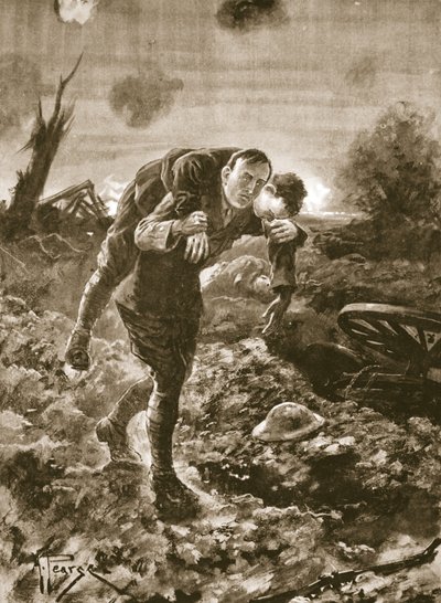 Midlertidig løjtnant G. St. G. S. Cather bringer en såret mand ind med fuldt udsyn over fjenden og under maskingevær- og artilleriild af Alfred Pearse