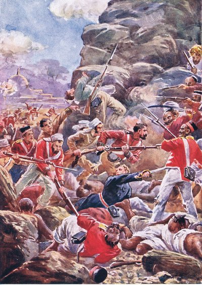 The siege of Delhi: Storming the breach, illustration fra British Battles on Land and Sea, 1915 af Alfred Pearse
