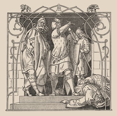 Nibelungen. Hvordan de smed de døde ud af hallen, 1840-1841. af Alfred Rethel