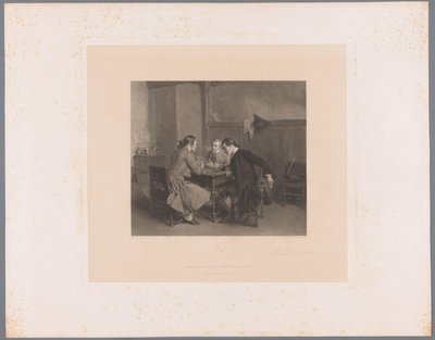Interiør med tre rygende mænd ved et bord Les Bons Amis (titel på objekt) af Alfred Revel