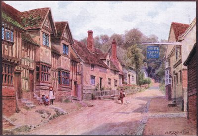 Huse tidligere besat af vævere, Kersey, Suffolk, fra The Cottages and the Village Life of Rural England udgivet af Dent & Sons Limited af Alfred Robert Quinton