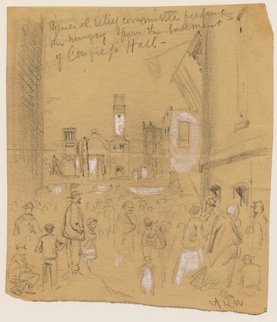 General Relief Committee Feeding the Hungry fra Congress Halls kælder under Chicago-branden i 1871 (blyant og kridt på papir) af Alfred Rudolph Waud