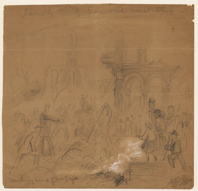 Søger ruiner efter et pengeskab efter Chicago-branden i 1871 (blyant og kridt på papir) af Alfred Rudolph Waud