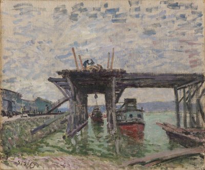 Tysk: Bro under opførelse The River Boat Garage af Alfred Sisley