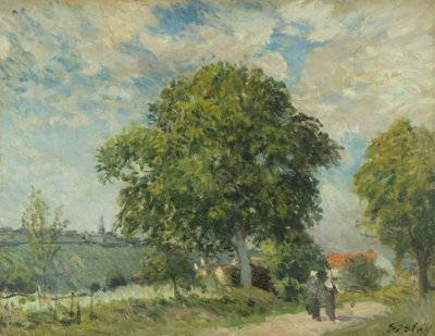 Indgangen til landsbyen, ca. 1880 (olie på lærred) af Alfred Sisley