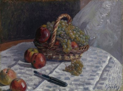 Æbler og druer i en kurv. Omkring 1880-81 af Alfred Sisley