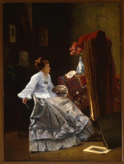 Tilskrevet A.Stevens, Lady at her Staffeli / Maleri af Alfred Emile Stevens