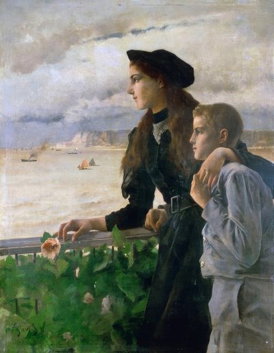Bror og søster foran havet i Honfleur af Alfred Emile Stevens