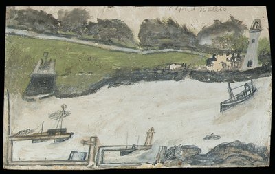 Havnescene med slot og fyrtårn (blyant og olie på kort) af Alfred Wallis