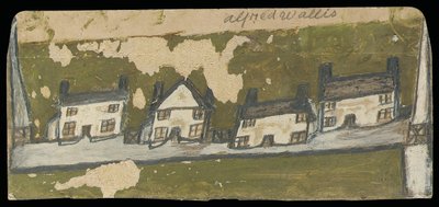 Række med fire hytter (olie og blyant på kort) af Alfred Wallis