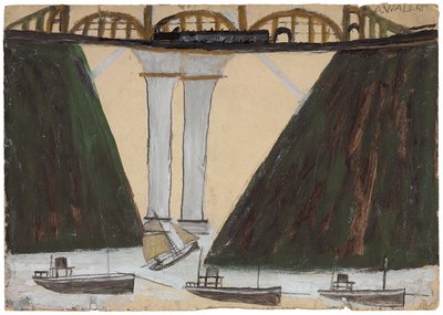 Saltash Bridge, ca. 1930 (blyant og olie på kort) af Alfred Wallis