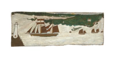 Skonnert passerer et fyrtårn, ca. 1855-1942 (olie på plade) af Alfred Wallis