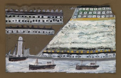 Skibe og fyrtårn, huse (blyant og olie på papir) af Alfred Wallis