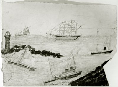 Tre sejlskibe, to dampskibe og Godrevy Lighthouse, ca. 1935-38 (olie og blyant på kort) af Alfred Wallis