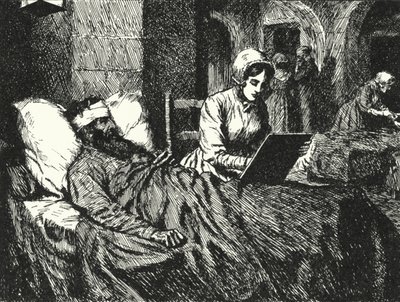 Den engelske sygeplejerske Florence Nightingale skriver et brev til en soldat, der blev såret i Krim-krigen på hospitalet i Scutari, 1855 af Alfred Wallis Mills