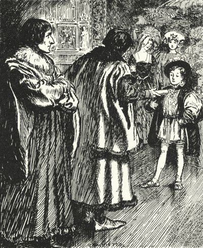 Erasmus ser Sir Thomas More præsentere et digt, han havde skrevet til den unge prins Henrik, den fremtidige kong Henrik VIII af Alfred Wallis Mills