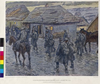 Ærede tropper marcherer mod Lubartov 1915 (print) af Alfred Wesemann