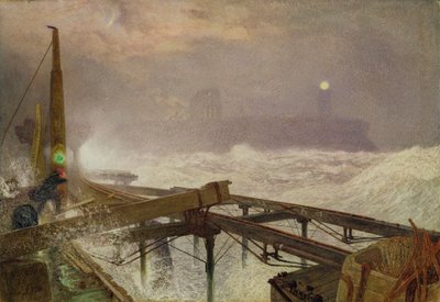 Blue Lights, Teignmouth Pier - Lighting the Lamps at Sunset, 1868 (wc, kropsfarve og ridser ud på papir) af Alfred William Hunt