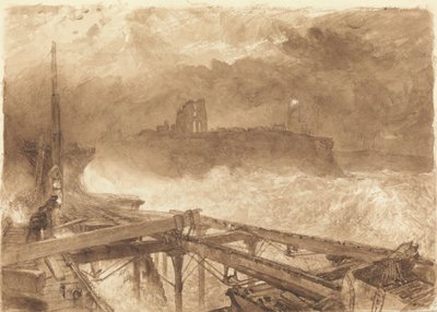 Undersøgelse til Tynemouth Pier - Tænd lamperne ved solnedgang af Alfred William Hunt