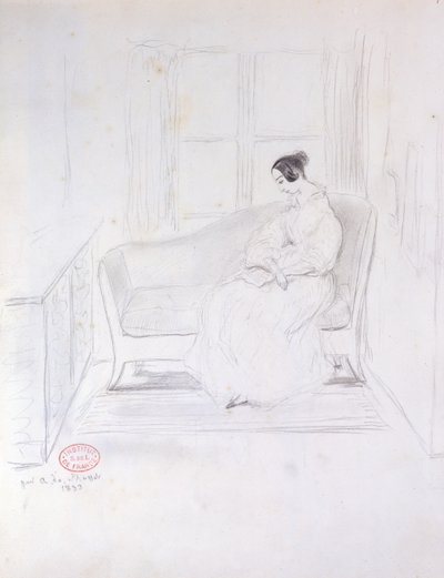 George Sand (1804-76), læste på en sofa ved siden af et vindue, 1833 af Alfred de Musset