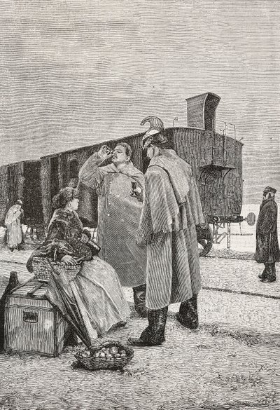 Five Minutes Stop, to mænd, der står ved et tog, holder op med at drikke og spise, gravering fra et maleri af Alfredo Luxoro (1859-1918), fra L