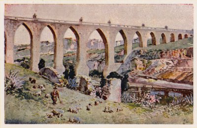 Aques Livres Akvædukt, Lissabon (farvelitografi) af Alfredo Roque Gameiro