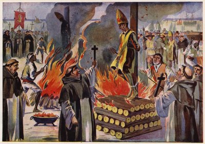 Henrettelse ved brænding under den portugisiske inkvisition (farvelitografi) af Alfredo Roque Gameiro