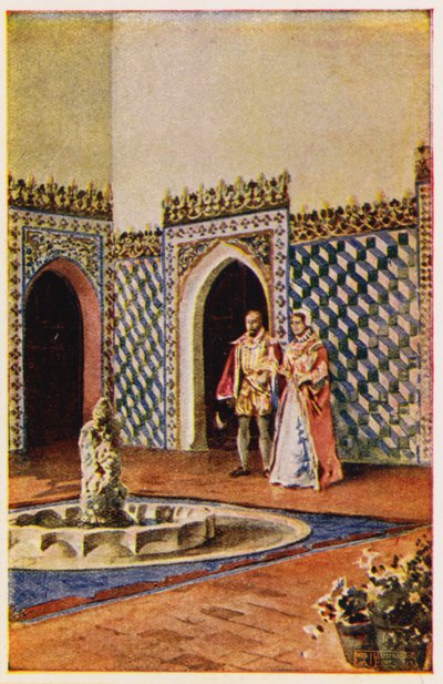Maurisk arkitektur i paladset i Sintra, Portugal (farvelitografi) af Alfredo Roque Gameiro