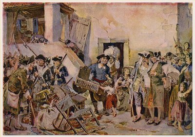 Folk, der er kastet ud i fattigdom, pantsætter deres ejendele, Portugal af Alfredo Roque Gameiro