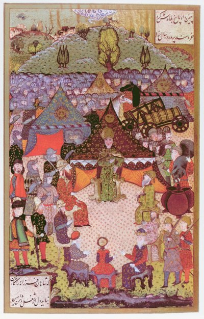 Kongen af Ungarn, Lajos II (1506-26) i råd før slaget ved Mohacs i 1526, 1558 (blæk og bladguld på vellum) af Ali Amir Beg