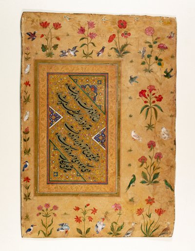 Prøve af persisk kalligrafi fra et Mughal-album (blæk, uigennemsigtigt wc og guld på papir) af Ali Haravi
