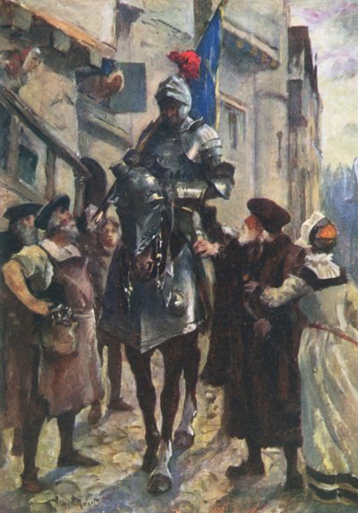 En budbringer fra Flodden, der bringer de dårlige nyheder til Edinburgh (farve litho) af Allan (after) Stewart