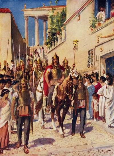 Alaric kommer ind i Athen (farve litho) af Allan (after) Stewart