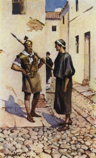Alban og præsten (farve litho) af Allan (after) Stewart