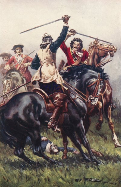Kamp mellem en Ironside og en Cavalier (farve litho) af Allan (after) Stewart