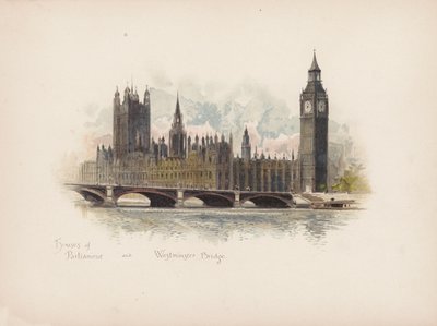 Kendte London: Houses of Parliament og Westminster Bridge (farvelitografi) af Allan F. Barraud