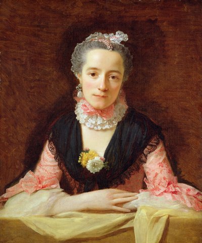 En ukendt kvinde i en lyserød kjole (olie på lærred) af Allan Ramsay