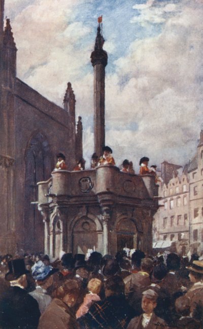 En kongelig proklamation fra Mercat Cross (farve litho) af Allan Stewart