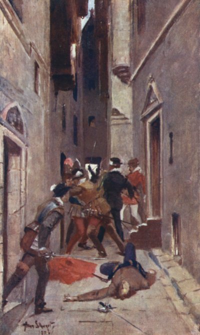 En "Tulzie" i High Street (farve litho) af Allan Stewart