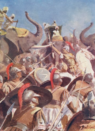 Alexanders kamp mod Porus ved Jhelum (farvelitografi) af Allan Stewart