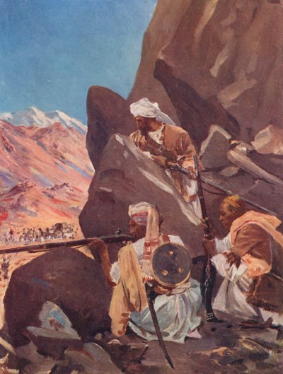 Bjergstammer skyder på en britisk styrke ved den nordvestlige grænse (farvelitografi) af Allan Stewart