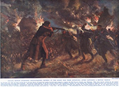 Menig Meston angreb, på egen hånd, adskillige af fjenden, der rykkede frem, efter at have erobret en britisk skyttegrav, illustration fra 