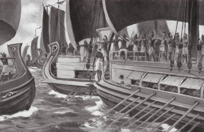Historiens første søslag (litografi) af Allan Stewart