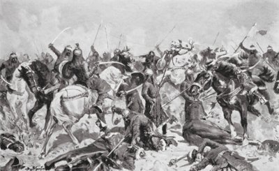 Rajputernes sidste kamp mod muhammedanerne i 1192 AD (litografi) af Allan Stewart