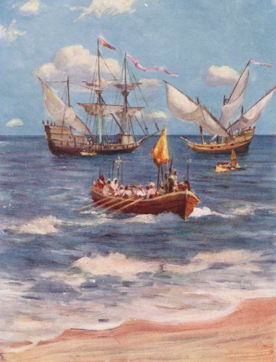 Vasco da Gama lander ved Kalicut (farvelitografi) af Allan Stewart
