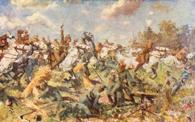 WW1: The Charge of the Scots Greys, august 1914 (farvelitografi) af Allan Stewart