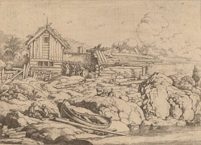 Båd ved en flodbred med tre geder, sandsynligvis ca. 16451656. af Allart van Everdingen