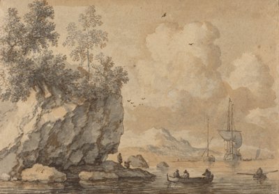 Figurer i robåde i en klippefyldt vig, sejlskibe hinsides. af Allart van Everdingen