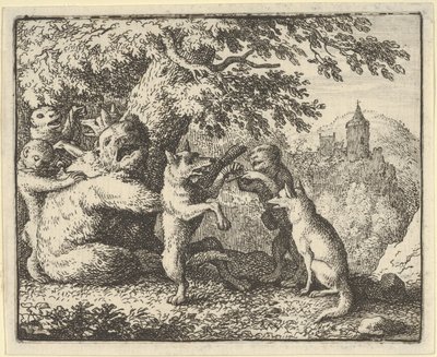 På Løvens Ordre tages et Stykke Hud fra Bjørnen, Et Stykke af Forpoterne..., 1650-75. af Allart van Everdingen